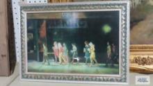Copy of a Clyde Singer painting. People walking down street. Frame measures 17-1/2 in....by 12-1/2 i