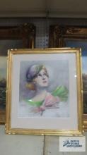 Ruskin Stone painting. Toledo, Ohio. 1906-2003. Woman with hat looking up. Frame measures 22 in. by