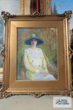 Unsigned oil on canvas painting, lady with hat. Frame measures 17-1/2 in. by 21 in.
