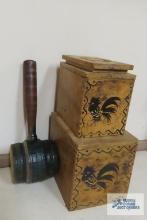 Antique mallet and rooster motif wooden canisters