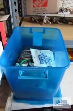 staple gun with staples, oil wipes, speaker wire and plastic tote with lid