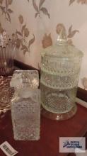 Diamond design decanter and three tier covered stacking bowls