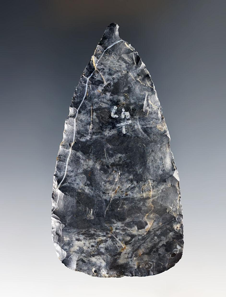 Thin 3 5/8" Leaf Blade made from Coshocton Flint. Found in Holmes Co., Ohio.