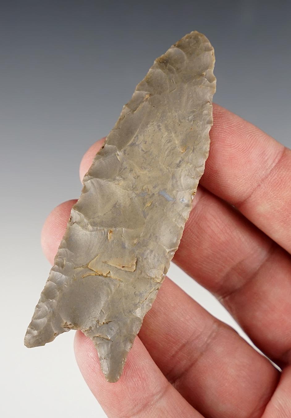 Classic 3 3/8" Paleo Fluted Clovis that is very well made. Found in Whitley Co., Indiana.