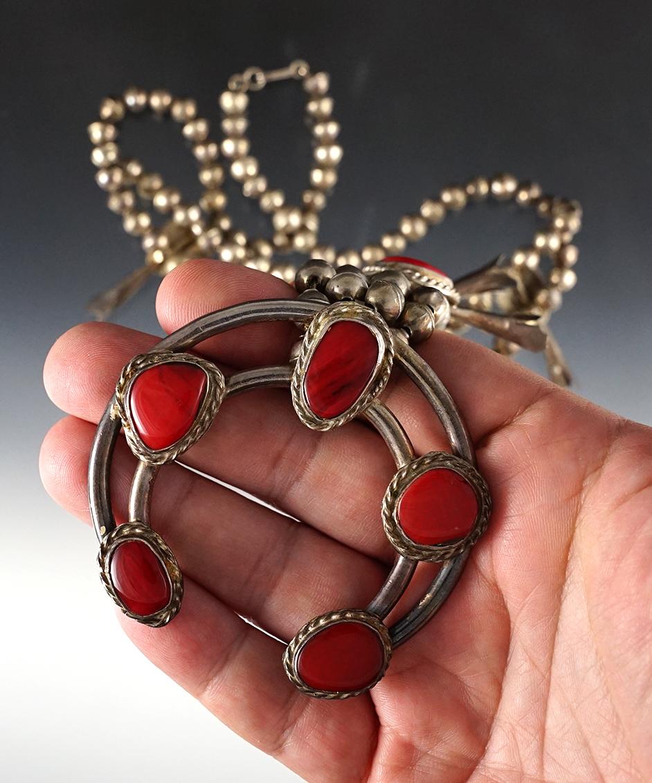 Vintage Squash Blossom Necklace with beautiful red stone, 16 3/4" length.
