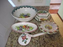 Italian Pottery Bowl, Mold, Strainer Ladle, Oval Tray and Dish