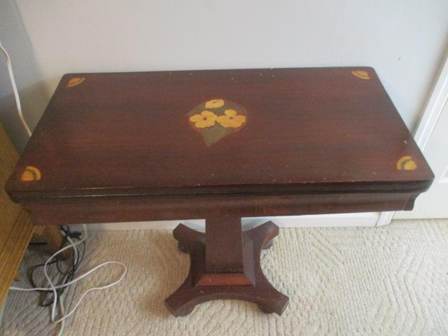 Vintage Mahogany Game Table with Inlay Dogwood Design