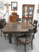 Antique Tiger Oak Table, Leaves, Chairs and Support