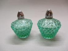 Vintage Green Hobnail Glass Salt & Pepper Shakers By IW Rice & Co.