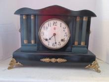 Vintage Waterbury Clock Co. Black Painted Mantle Clock with Faux Pillars and Gold Tone Embellishment