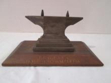Miniature Hand Forged "Manual Work" Anvil on Wood Base by Blacksmith Students