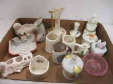 Porcelain Figurines, Miniature Vases, Pink Glass Ring Holder, Pill Box, etc.