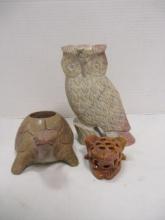 Carved Soap Stone Owl, Turtle Candle Holder and Puzzle Box Frog