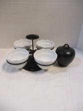 Trudeau Black Condiment Carousel with 4 White Stoneware Dishes and