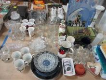 1/2 Table Lot - Glassware, Christmas, Cups. Ice Trays, Candlesticks, etc.