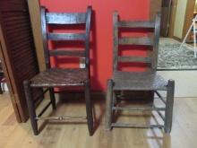Two Antique Oak Mule Ear Ladder Back Side Chairs with Woven Split Oak Seats