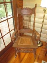 Antique Victorian Gingerbread Oak Rocker with Caned Seat