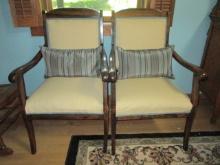 Pair of Custom Upholstered Wood Armchairs with Feather Filled Accent Pillows