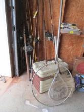 Fishing Lot-20+/- Rods and Reels, Plano Tackle Box and Two Fishing Nets