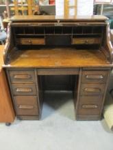 Vintage Roll Top Desk with Dovetail Drawers, Cubby Slots, and Key