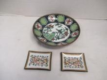 Hand-Painted Japanese Porcelain Plate and 2 Small Glass Dishes