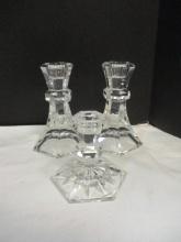 Pair of Glass Candlesticks and 1 Smaller Candlestick