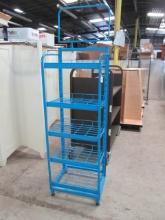 Blue Wire Store Display Rack with Locking Back Casters and Sign Holder Header