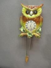 Ceramic Vintage Owl Clock Wall Pocket Made In Japan  4 1/2"w X 6 1/2"h - Missing 1 Weight