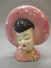 1940's Lusterware Pink Asian Girl Head Vase/Wall Pocket 7"