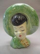 1940's Lusterware Green Asian Girl Head Vase/Wall Pocket 7"