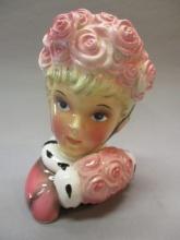 1950's Pink Roses & Muff Lady Head Vase/Wall Pocket 6"