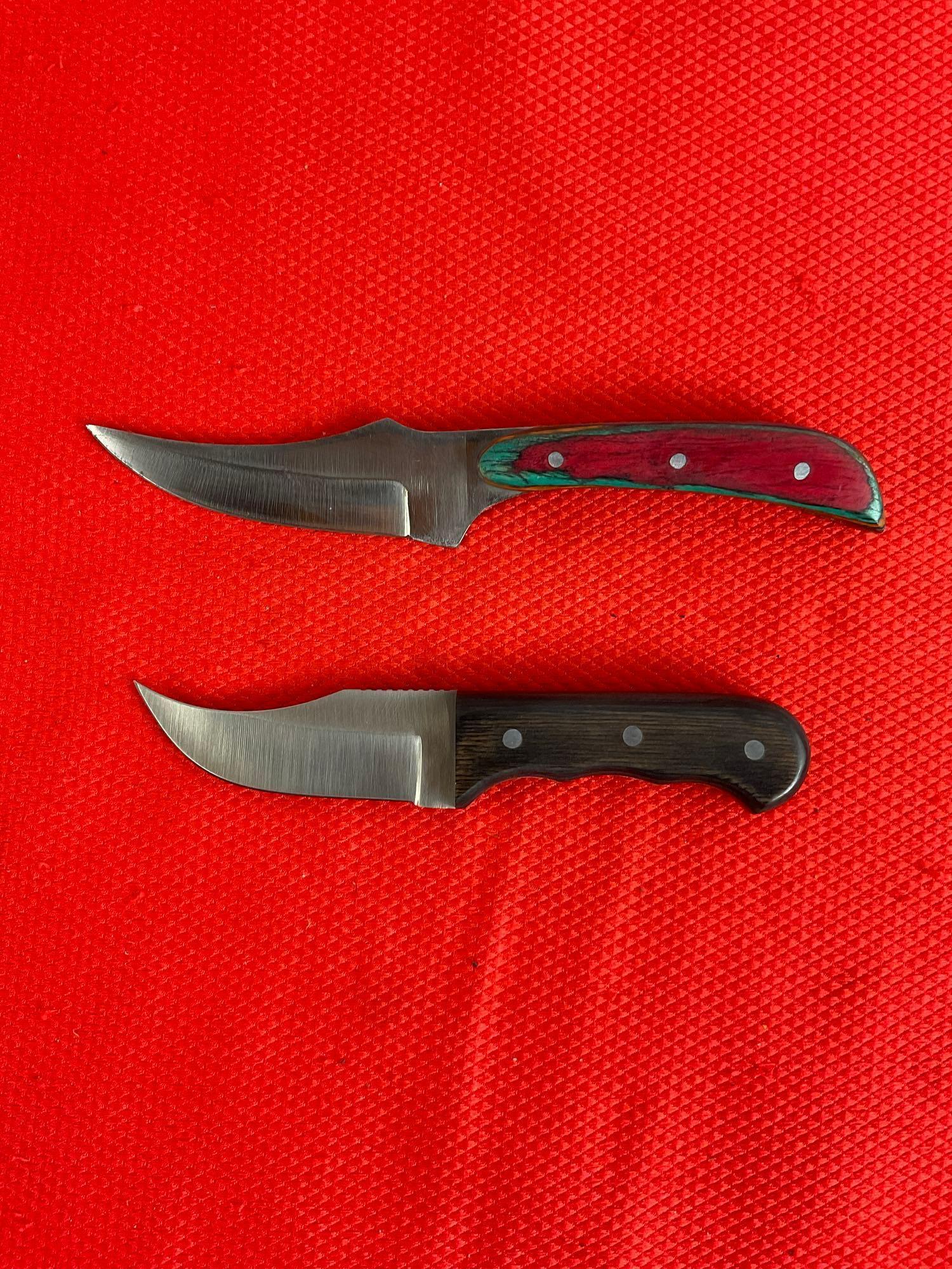 2 pcs Steel Fixed Blade Skinner Knives w/ Wooden Handles, Models 203240-MC & 211187. See pics.