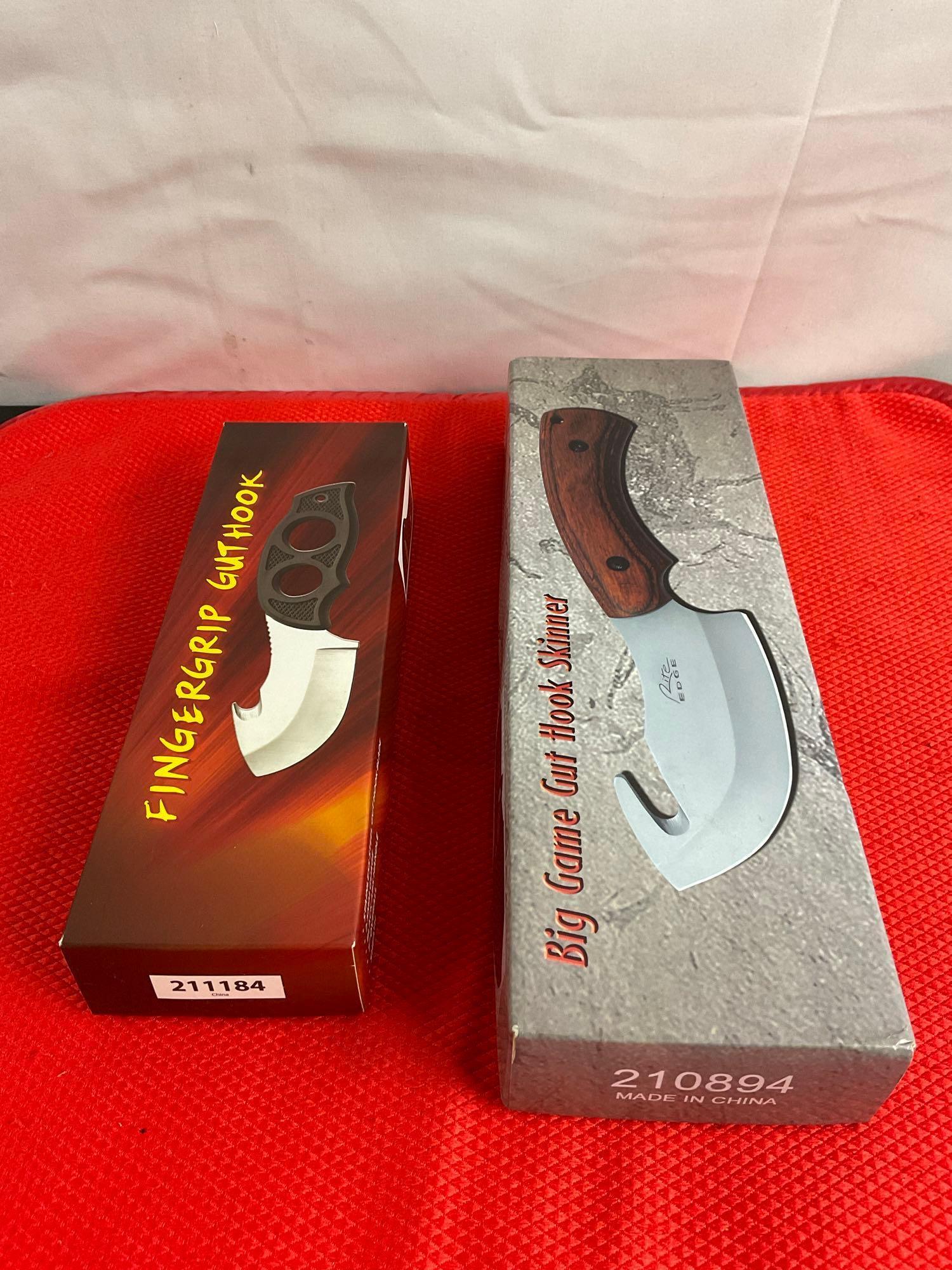 2 pcs Rite Edge Steel Fixed Blade Skinner Knives w/ Guthook Models 210894 & 211184. NIB. See pics.