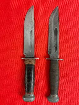 Pair Vintage WWII Era 1936 5.5" Steel Fixed Blade PAL Fighting Knives Model RH-36 w/ Sheathes. See