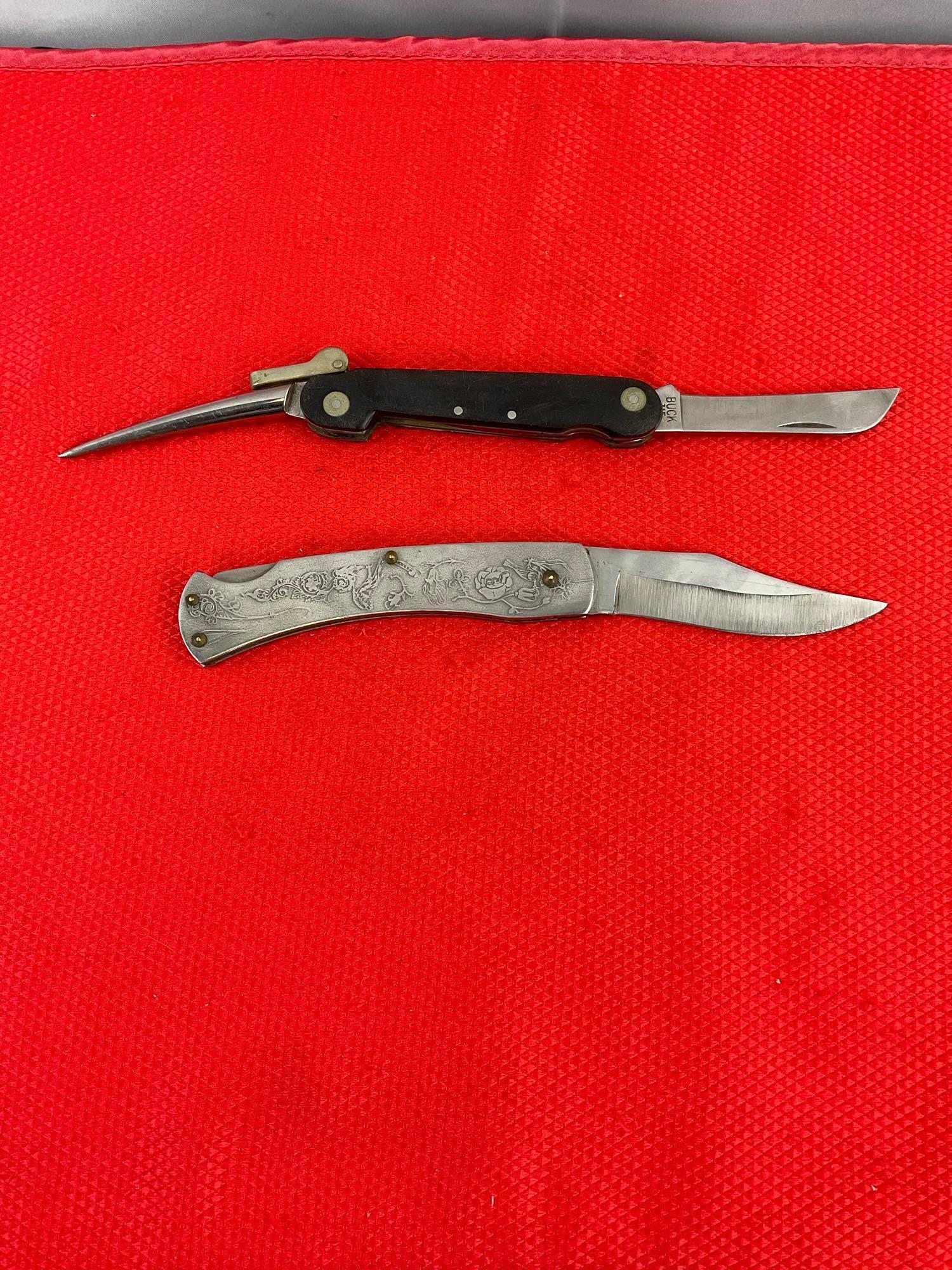 2 pcs Vintage Folding Blade Pocket Knives. 1x Buck Model 315 & 1x Taylor Cutlery w/ Sheathes. See