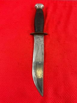 Vintage 6.5" Steel Fixed Blade Bowie Knife w/ Leather Sheath. No Hallmarks, Unknown Maker. See pi...