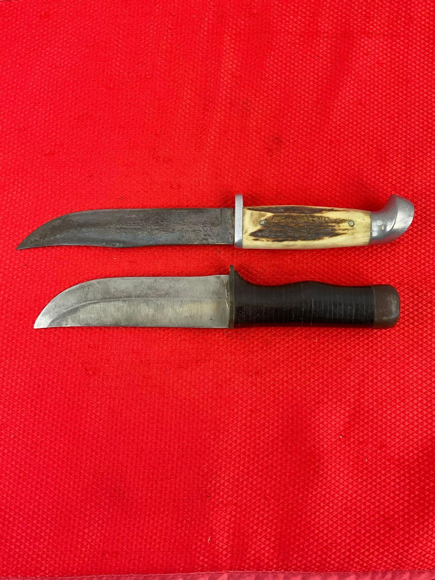 2 pcs Vintage Fixed Blade Knives w/ Sheathes. 1 Kinfolks Super Hunter 568TC & 1 Unmarked. See pics.