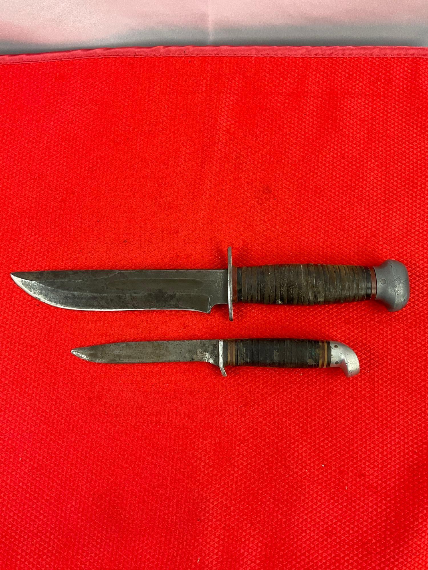 2 pcs Vintage Steel Fixed Blade Knives w/ Sheathes. Remington RH-36 & J.C. Higgins. See pics.