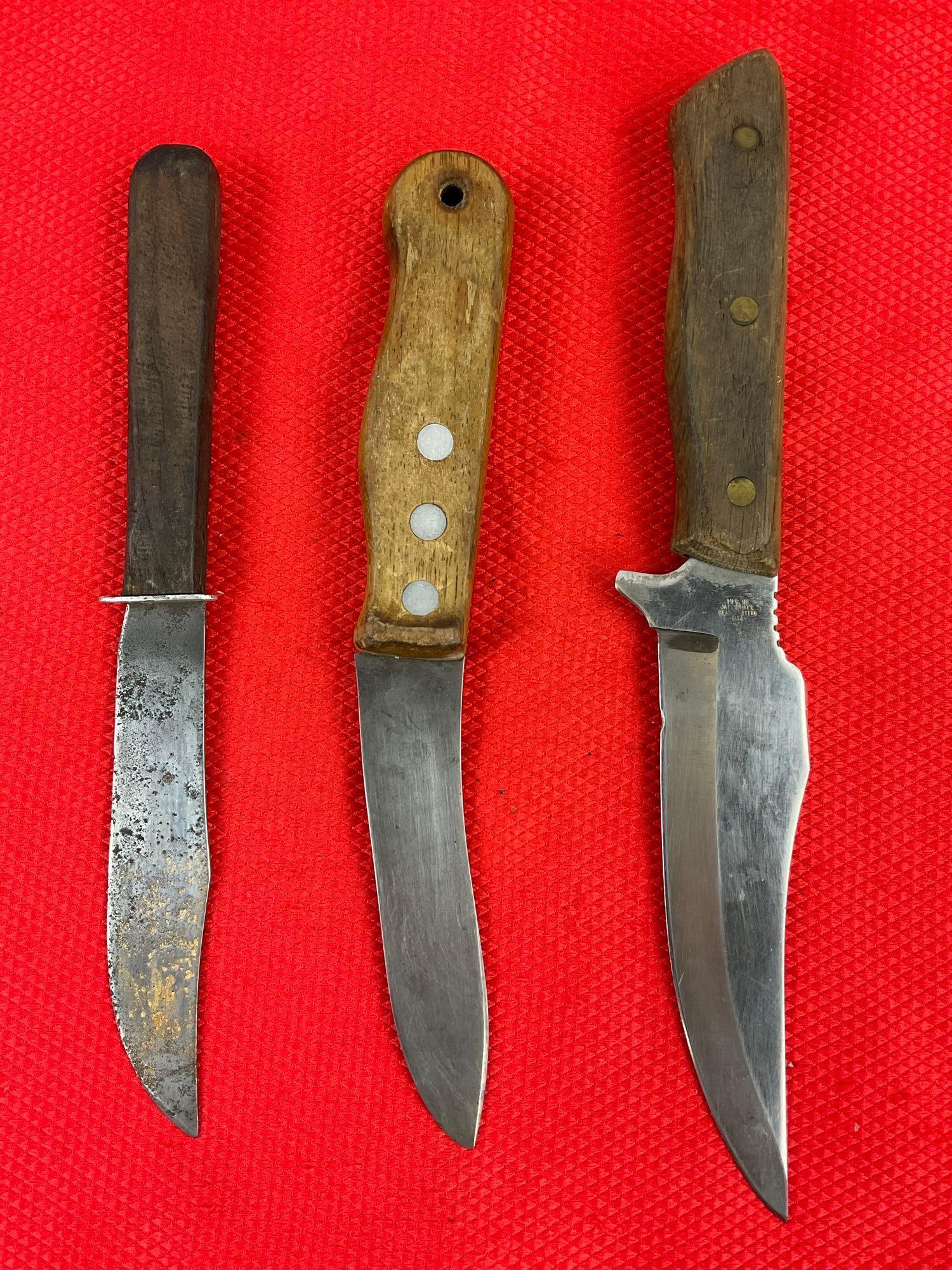 3 pcs Vintage Steel Fixed Blade Knives. 1 Maxam, 1 Cattaraugus Vanadium, 1 Unmarked. See pics.