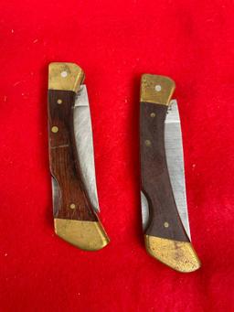 Pair of Vintage Frontier Folding Blade Pocket Knives - Brass & Wood - See pics