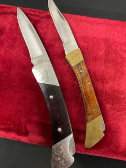 Pair of Vintage Folding Pocket Knives, Buck 500 Duke & Pakistani Buck clone, wooden handles