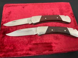 Pair of Vintage Buck Folding Pocket Knives, 2x Model 500 Solo Knife Single Blade w/ Wood Handle
