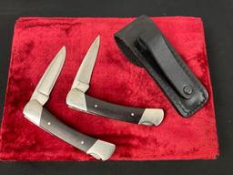 Pair of Vintage Buck Folding Pocket Knives, 2x Model 501 Solo Knife Single Blade w/ Wood Handle