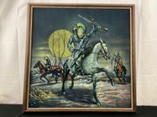 Vintage Velvet Painting Horse Riding Men w/ Bird Heads by E.H. Larson
