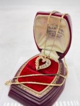 14k yellow gold heart pendant necklace with 12 graduating diamonds & deco design