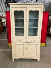 Antique Cream & Sky Blue Painted Wood Glass Fronted China Cabinet w/ 5 Shelves & 2 Drawers. See