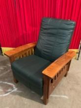 Vintage BarcaLounger Mission Style Wood Reclining Arm Chair w/ Dark Green Leather Upholstery. See