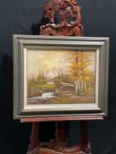 Framed Oil on Canvas of a Watermill w/ Mountains behind, signed by artist, Franic (?)