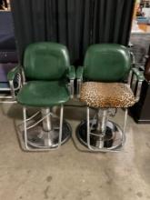 Pair of Green Leather Aluminum Barber Chairs w/ adjustable seat height - See pics