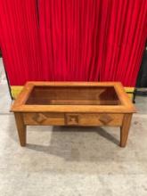 Vintage Glass Topped Oak Coffee Table w/ Fold Down Side, Storage Space & Geometric Details. See